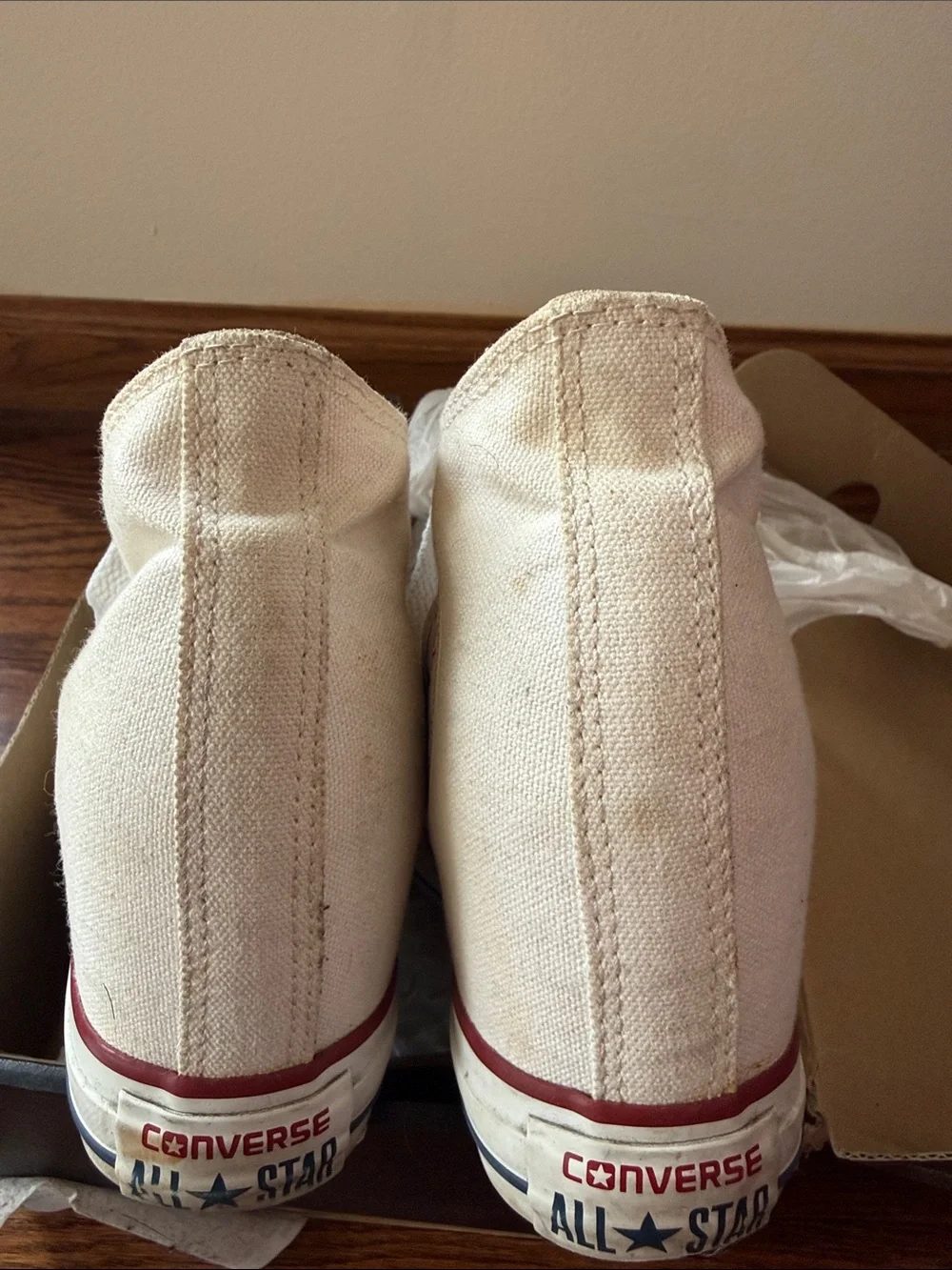 Converse iconic Cream High-Top Wedge Sneakers w Red Blue Stripe size US 7.5 - Picture 7 of 8
